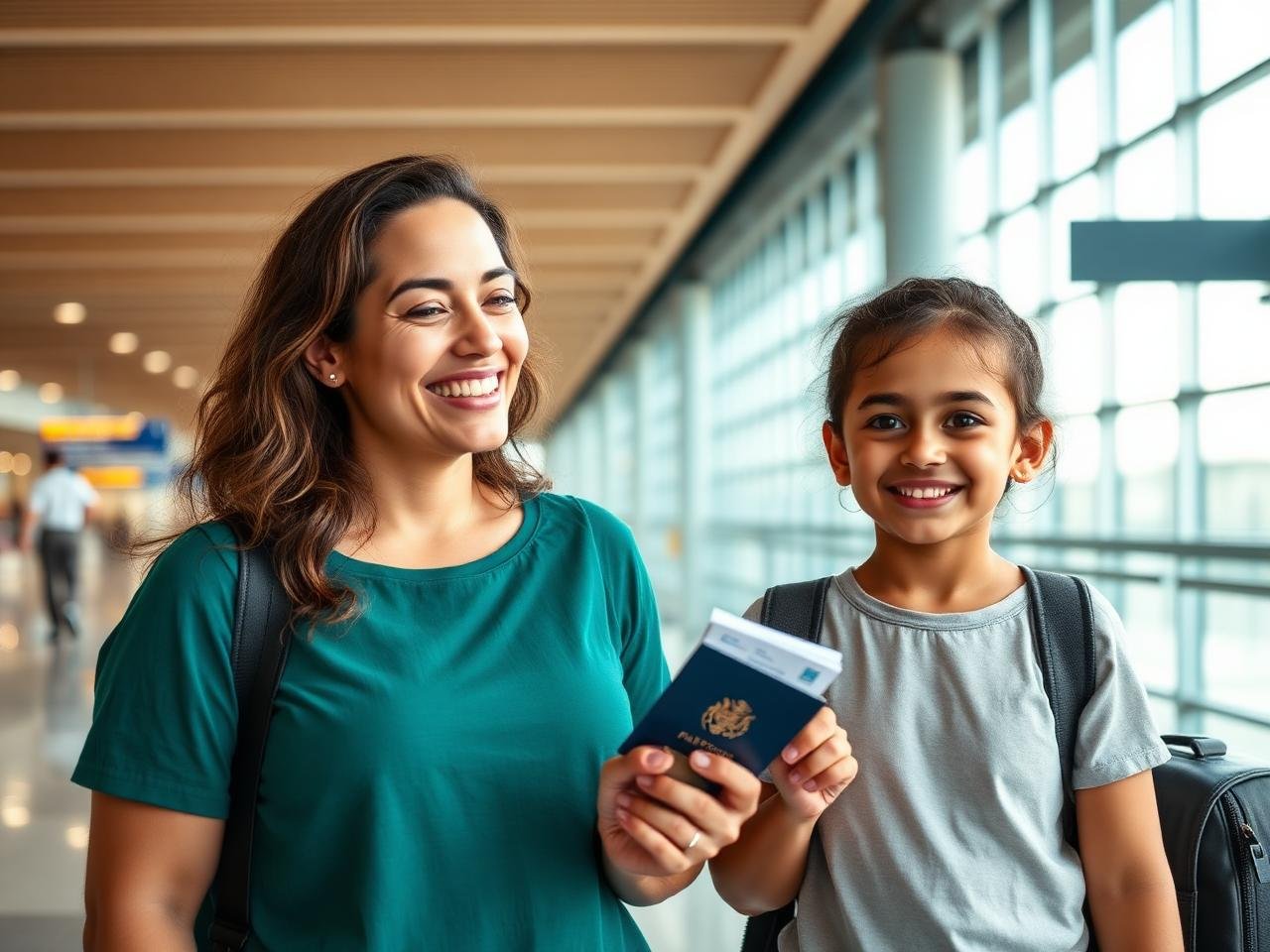 Família viajando com passaporte em mãos no aeroporto